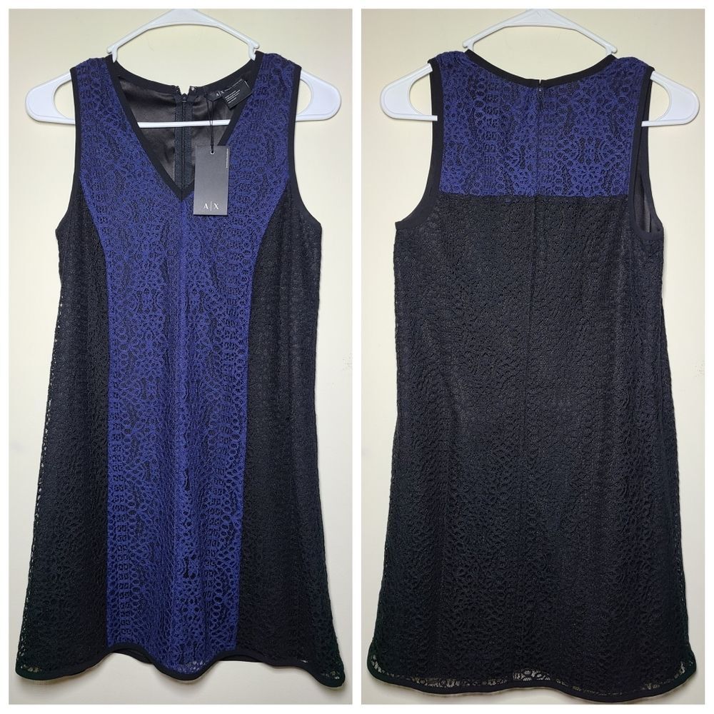 NWT|Armani Exchange Black & Blue Sleeveless Lace Shift Dress, XS